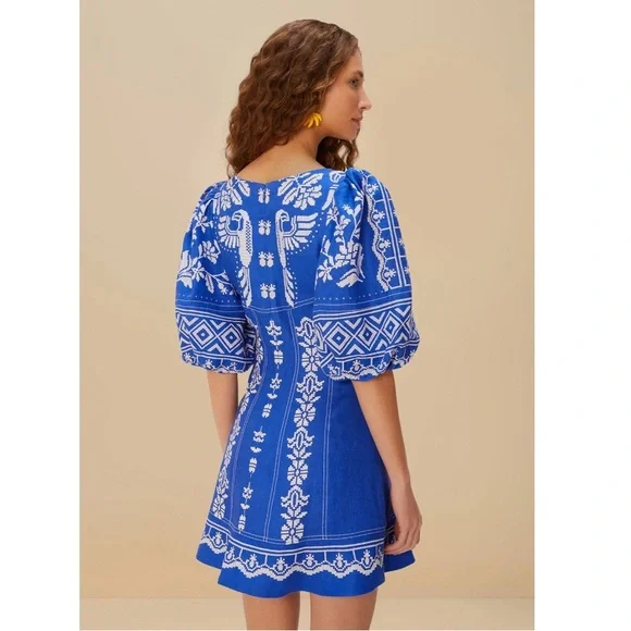 FARM Rio Tropical Printed Blue Euroflax Premium Linen Mini Dress Size Medium NWT - Picture 8 of 13
